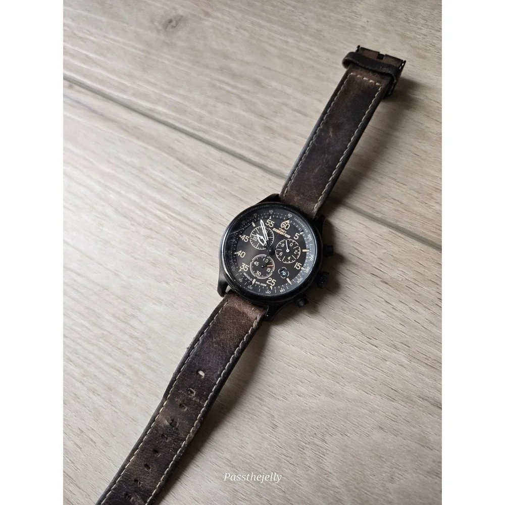 Timex Watch Mens Expedition Chronograph Black Dial Date Tachymeter WR100M Brown